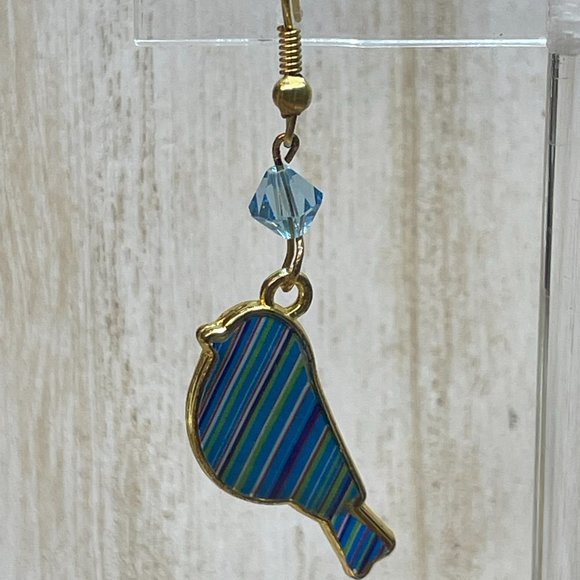HANDMADE ARTISAN Blue Bird Striped Enamel Gold Tone Metal Earrings Dangle Hooks - Picture 3 of 6
